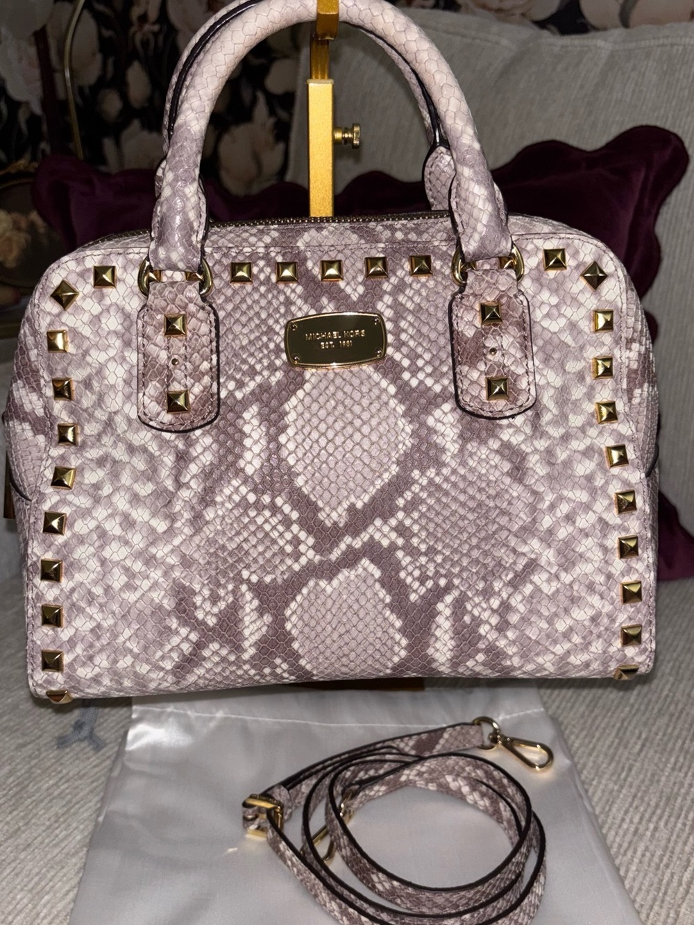 Michael Kors Astor Studded Snake Embossed Leather Satchel Small